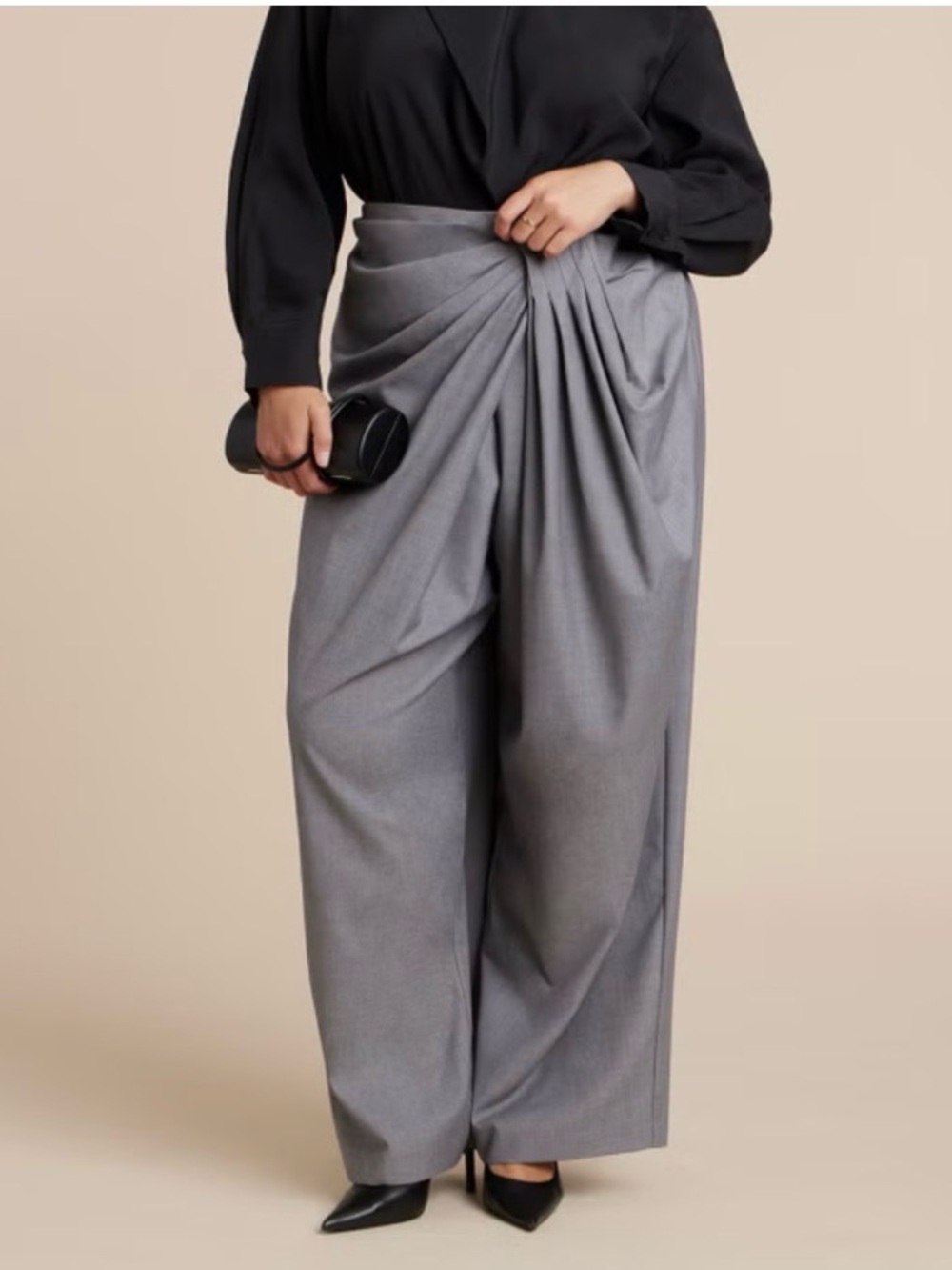 Eloquii Gray Draped High-Waist Wide-Leg Trousers